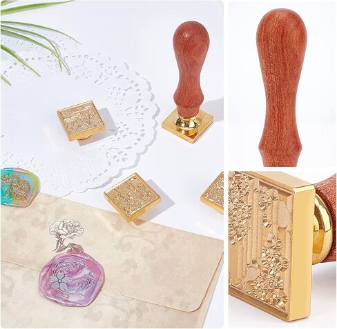 مجموعة ختم ختم الشمع الزرقاء 4pcs طوابع ختم مربعة 4 مواسم مع مقبض الخشب العالمي ، وملعقات ذوبان الشمع وأكياس مخملية للدعوات وبطاقات الهدايا in Saudi Arabia