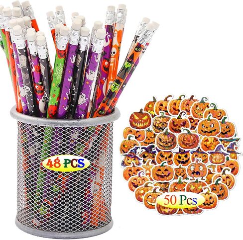 أقلام الرصاص Happy Halloween For Kids Party Suppories - 48pcs أقلام الرصاص+50pcs ملصق اليقطين معالج القرطسي قرع القرط الهالوين. in Kuwait