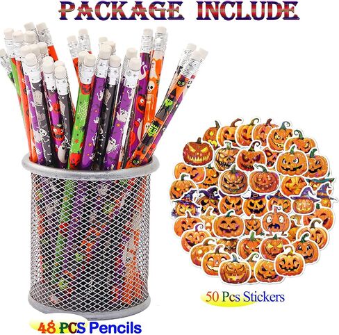 أقلام الرصاص Happy Halloween For Kids Party Suppories - 48pcs أقلام الرصاص+50pcs ملصق اليقطين معالج القرطسي قرع القرط الهالوين. in Kuwait