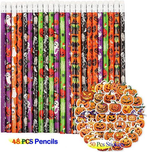 أقلام الرصاص Happy Halloween For Kids Party Suppories - 48pcs أقلام الرصاص+50pcs ملصق اليقطين معالج القرطسي قرع القرط الهالوين. in Kuwait