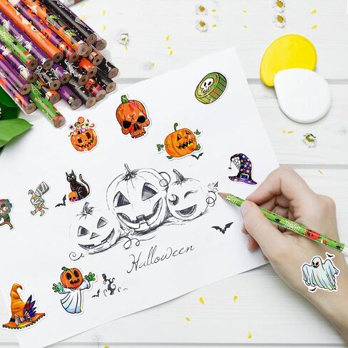 أقلام الرصاص Happy Halloween For Kids Party Suppories - 48pcs أقلام الرصاص+50pcs ملصق اليقطين معالج القرطسي قرع القرط الهالوين. in Kuwait