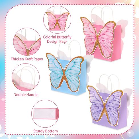 24 Pcs Butterfly Party Favor Bags with Handles Pink Purple Blue Butterfly Goodie Gift Paper Treat Candy Bags for Birthday Party Bridal Showers Supplies (Fresh Colors) in Saudi Arabia