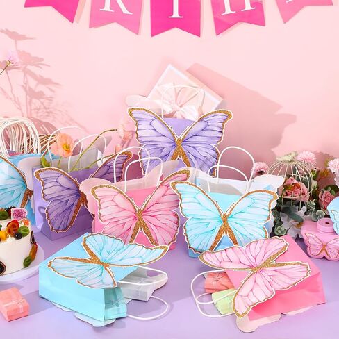 24 Pcs Butterfly Party Favor Bags with Handles Pink Purple Blue Butterfly Goodie Gift Paper Treat Candy Bags for Birthday Party Bridal Showers Supplies (Fresh Colors) in Saudi Arabia
