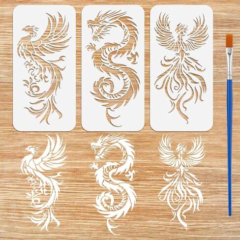 FINGERINSPIRE 3 PCS Dragon Phoenix Stencils for Painting with Brush 5.9x11.8inch Reusable Phoenix with Wings Template Hollowed Dragon Pattern Stencil Plastic Oriental Animal Theme Template for DIY in Saudi Arabia