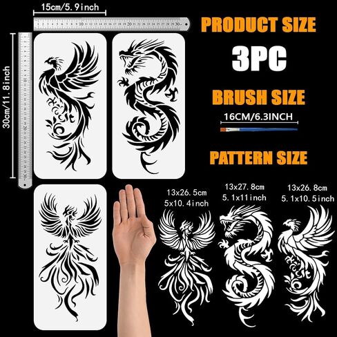 FINGERINSPIRE 3 PCS Dragon Phoenix Stencils for Painting with Brush 5.9x11.8inch Reusable Phoenix with Wings Template Hollowed Dragon Pattern Stencil Plastic Oriental Animal Theme Template for DIY in Saudi Arabia