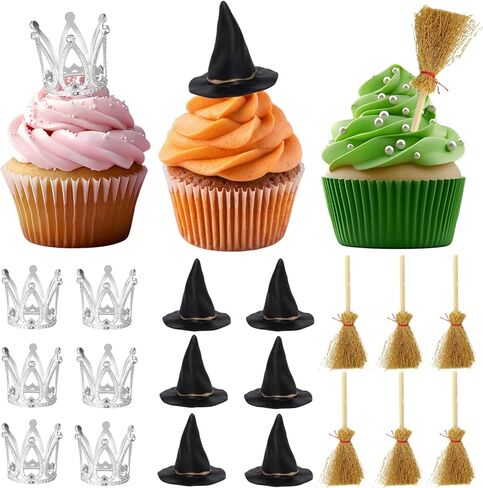 18 PCS Witch Birthday Cupcake Toppers و Witch Hat Cake Topper Crown و Broom Cake Decorations for Witch تحت عنوان لوازم حفلة عيد ميلاد ساحرة in Kuwait