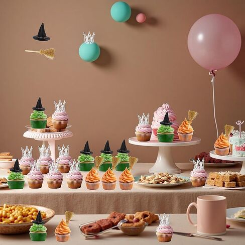 18 PCS Witch Birthday Cupcake Toppers و Witch Hat Cake Topper Crown و Broom Cake Decorations for Witch تحت عنوان لوازم حفلة عيد ميلاد ساحرة in Kuwait