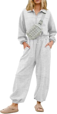 Flygo Women's Jumpsuits Zipper Casual One Piece Outfits Long Sleeve High Waisted Belted Wide Leg Romper with Pockets in Saudi Arabia