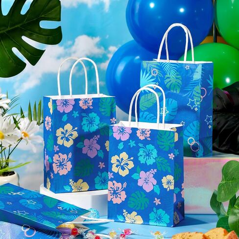 AmazingSpark 12 Pcs Hawaiian Party Favor Bags Hibiscus Paper Bags with Handle Hawaii Themed Gift Bag for Kids Summer luau Hawaii Tropical Birthday Supplies in Saudi Arabia