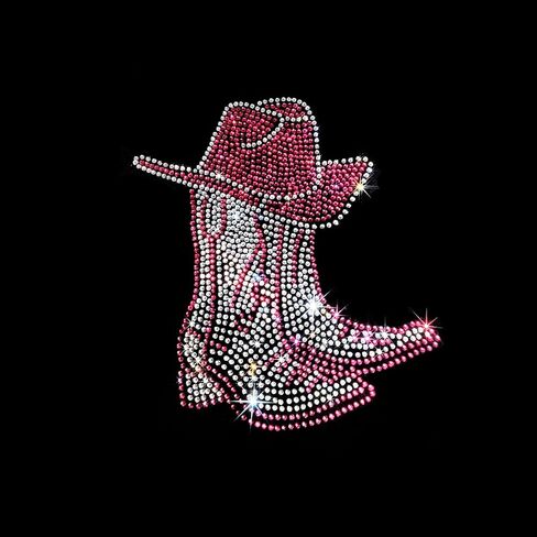 Cowgirl Rhinestone Iron-On Patch-Western Red & Clear Bling Heat Transfer for DIY Thirts ، Jackets ، الأكياس-Hat Hat Sparkly Hat Silhouette ، 8.07 × 7.48 بوصة in Saudi Arabia