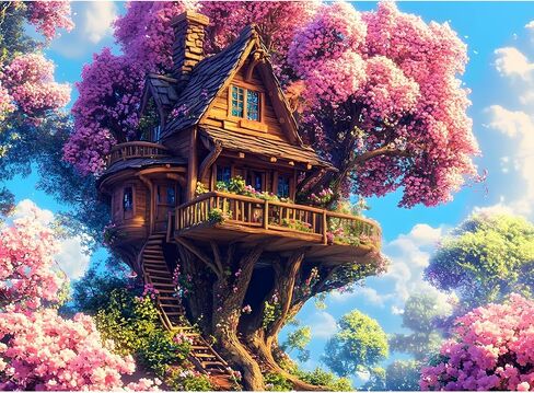 500 قطعة لغز اللغز للبالغين ، Pink Tree House Jigsaw Puzzle 500 قطعة ، ألغاز بانورامزو للزهور الملونة لكبار السن ، تحدي هدايا حفلات العطلات العائلية 20.5 × 15 في in Kuwait