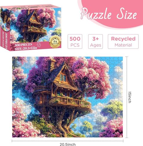 500 قطعة لغز اللغز للبالغين ، Pink Tree House Jigsaw Puzzle 500 قطعة ، ألغاز بانورامزو للزهور الملونة لكبار السن ، تحدي هدايا حفلات العطلات العائلية 20.5 × 15 في in Kuwait