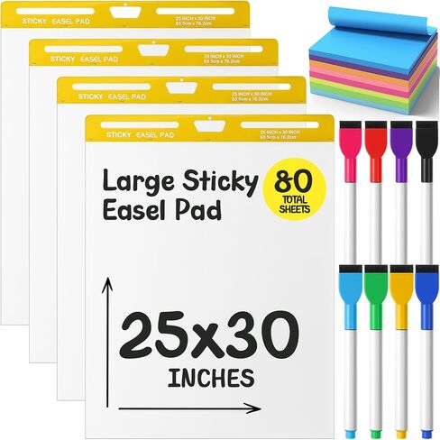 ReliThick 4 Pads Thickened Sticky Easel Pad, 25 x 30 In, 20 Sheets/pad, Flip Chart Paper for Teachers, Large White Sticky Chart for Wall, Self Stick Easel Paper with Note and Whiteboard Markers in Saudi Arabia