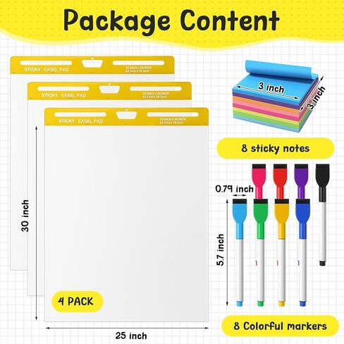 ReliThick 4 Pads Thickened Sticky Easel Pad, 25 x 30 In, 20 Sheets/pad, Flip Chart Paper for Teachers, Large White Sticky Chart for Wall, Self Stick Easel Paper with Note and Whiteboard Markers in Saudi Arabia