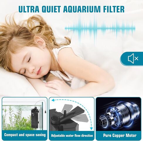 مرشح AQQA Submersible Aquarium Filter لـ 50-100 جيل من مرشحات أسماك الأسماك الهمس مع تدفق مائي قابل للتعديل للترشيح الحيوي ودورة الماء والأكسجين (12W ، 260GPH) in Saudi Arabia