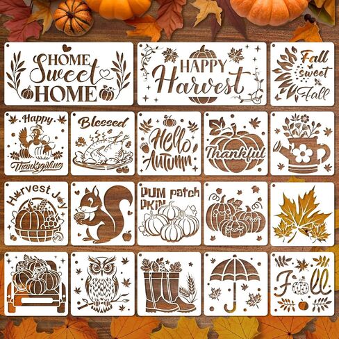 Konsait 18 PCS Fall Stencils for Painting on Wood, Happy Thanksgiving Templates Thankful Stencil Autumn Pumpkin Stencil Reusable Fall Door Mat Stencils for Fabric Drawing Crafts in Saudi Arabia