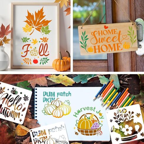 Konsait 18 PCS Fall Stencils for Painting on Wood, Happy Thanksgiving Templates Thankful Stencil Autumn Pumpkin Stencil Reusable Fall Door Mat Stencils for Fabric Drawing Crafts in Saudi Arabia