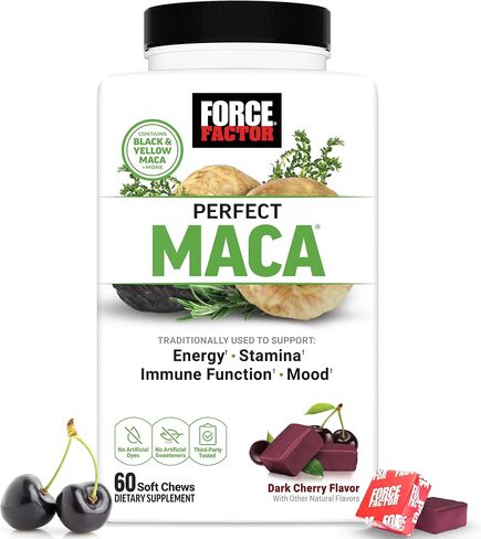 FORCE FACTOR Perfect Maca, Maca Root and DIM Supplement with Saffron to Boost Energy and Mood, with Yellow and Black Maca, Vitamins, Minerals, and Antioxidants, Dark Cherry Flavor, 60 Soft Chews in Saudi Arabia