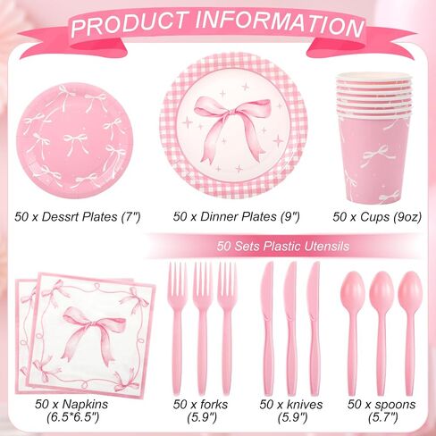 350 PCS Pink Boy Plates and Falkins ، 50 Coquette Party Supplies Coquette Coquett in Saudi Arabia