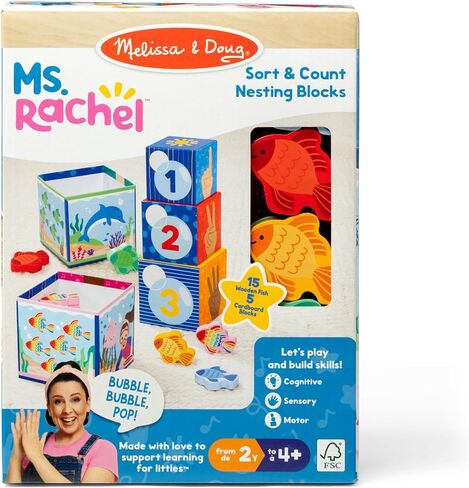 Melissa & Doug® Ms. Rachel™ Sort and Count Nesting and Stacking Blocks with Wooden Fish Preschool Learning Toy for Boys, Girls - FSC Certified in Saudi Arabia