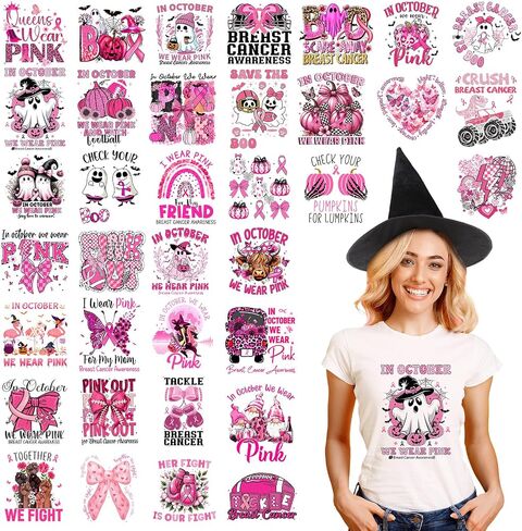 36 Pcs Halloween Breast Cancer Awareness Iron on Heat Transfer Patches DIY Pink Decals Stickers Ghost Pumpkin Skull Rugby Leopard Print Ball Iron on Heat Press for Hat Jacket Craft in Saudi Arabia