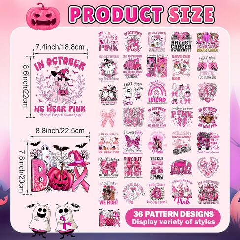 36 Pcs Halloween Breast Cancer Awareness Iron on Heat Transfer Patches DIY Pink Decals Stickers Ghost Pumpkin Skull Rugby Leopard Print Ball Iron on Heat Press for Hat Jacket Craft in Saudi Arabia
