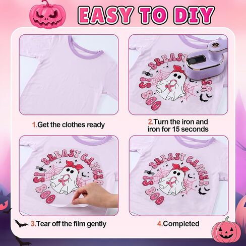 36 Pcs Halloween Breast Cancer Awareness Iron on Heat Transfer Patches DIY Pink Decals Stickers Ghost Pumpkin Skull Rugby Leopard Print Ball Iron on Heat Press for Hat Jacket Craft in Saudi Arabia