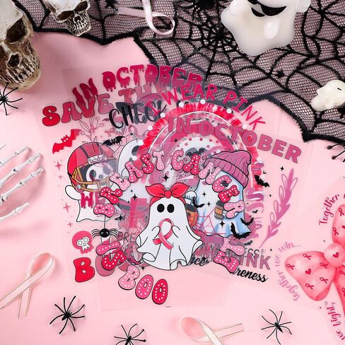 36 Pcs Halloween Breast Cancer Awareness Iron on Heat Transfer Patches DIY Pink Decals Stickers Ghost Pumpkin Skull Rugby Leopard Print Ball Iron on Heat Press for Hat Jacket Craft in Saudi Arabia