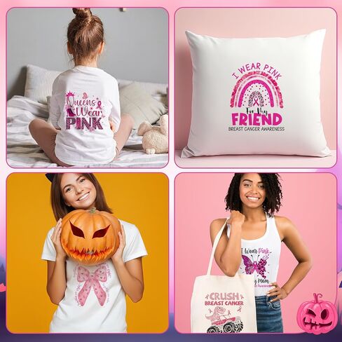 36 Pcs Halloween Breast Cancer Awareness Iron on Heat Transfer Patches DIY Pink Decals Stickers Ghost Pumpkin Skull Rugby Leopard Print Ball Iron on Heat Press for Hat Jacket Craft in Saudi Arabia