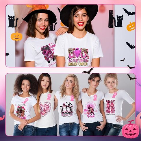 36 Pcs Halloween Breast Cancer Awareness Iron on Heat Transfer Patches DIY Pink Decals Stickers Ghost Pumpkin Skull Rugby Leopard Print Ball Iron on Heat Press for Hat Jacket Craft in Saudi Arabia