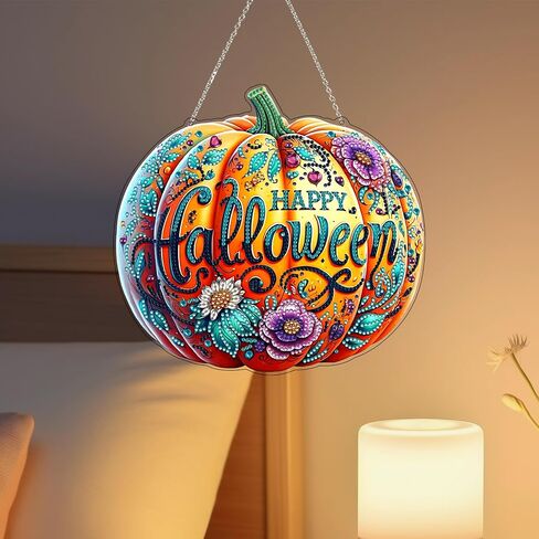DIY Hanging Diamond Art Kit للبالغين - نافذة الفن الأحجار الكريمة وجدار قلادة ، زخرفة دخن من المنزل والحديقة (Happy Halloween) in Kuwait