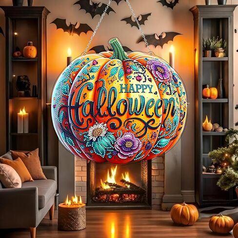 DIY Hanging Diamond Art Kit للبالغين - نافذة الفن الأحجار الكريمة وجدار قلادة ، زخرفة دخن من المنزل والحديقة (Happy Halloween) in Kuwait