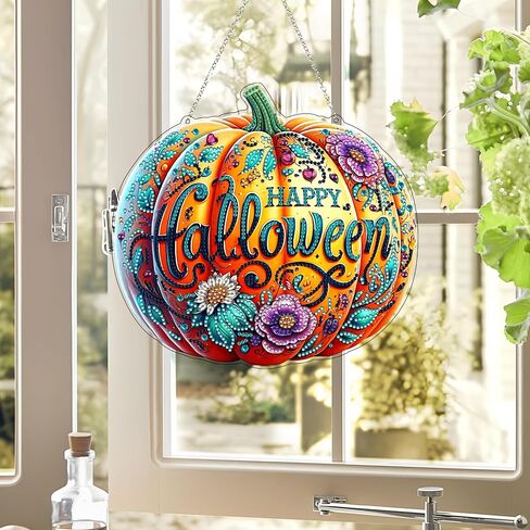 DIY Hanging Diamond Art Kit للبالغين - نافذة الفن الأحجار الكريمة وجدار قلادة ، زخرفة دخن من المنزل والحديقة (Happy Halloween) in Kuwait