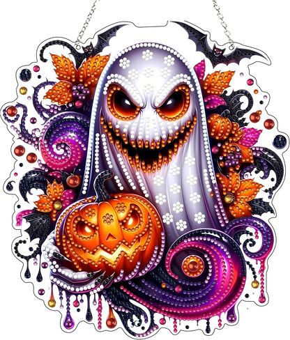 DIY Hanging Diamond Art Kit للبالغين - نافذة الفن الأحجار الكريمة وجدار قلادة ، زخرفة دخن من المنزل والحديقة (Happy Halloween) in Kuwait
