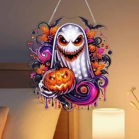 DIY Hanging Diamond Art Kit للبالغين - نافذة الفن الأحجار الكريمة وجدار قلادة ، زخرفة دخن من المنزل والحديقة (Happy Halloween) in Kuwait