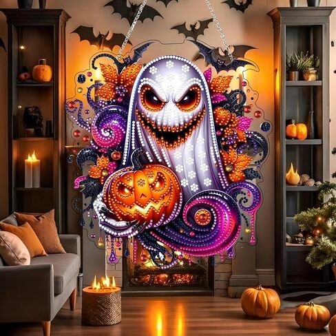 DIY Hanging Diamond Art Kit للبالغين - نافذة الفن الأحجار الكريمة وجدار قلادة ، زخرفة دخن من المنزل والحديقة (Happy Halloween) in Kuwait