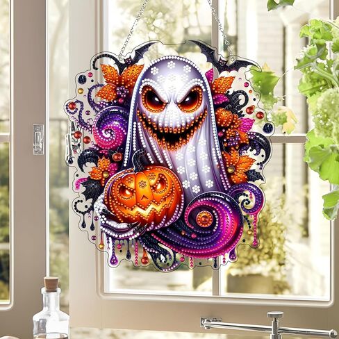 DIY Hanging Diamond Art Kit للبالغين - نافذة الفن الأحجار الكريمة وجدار قلادة ، زخرفة دخن من المنزل والحديقة (Happy Halloween) in Kuwait