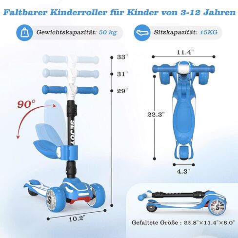 Sejoy Toddler Kick Scooter for Kids with 3 Wheels Extra-Wide Childrens Foldable Toy Scooter with Adjustable Height/Handlebars & Folding Seat for Kids Ages 3+(Blue) in Kuwait