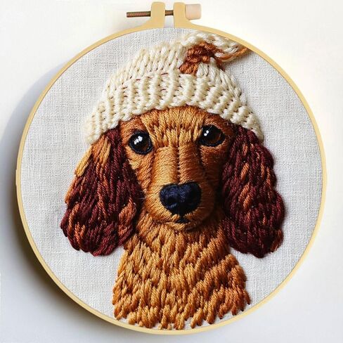 Punch Needle Kits Dachshund Dog Wear Hat Embroidery Starter Set with Hoop Easy for Beginners DIY Stress Relief Handmade Craft Hobby and Home Decor 20x20cm-1 in Saudi Arabia
