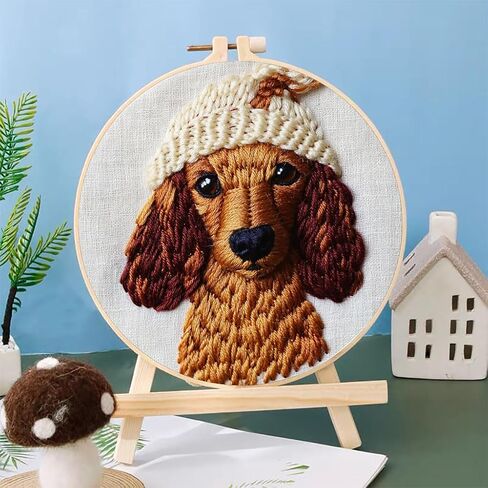 Punch Needle Kits Dachshund Dog Wear Hat Embroidery Starter Set with Hoop Easy for Beginners DIY Stress Relief Handmade Craft Hobby and Home Decor 20x20cm-1 in Saudi Arabia