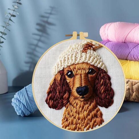 Punch Needle Kits Dachshund Dog Wear Hat Embroidery Starter Set with Hoop Easy for Beginners DIY Stress Relief Handmade Craft Hobby and Home Decor 20x20cm-1 in Saudi Arabia