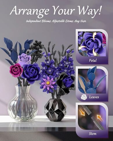 Purple Rose Bouquet Building Set, Artificial Floral Building Toys for Gothic Home Decor, Ideal Gift for Halloween & Christmas, Compatible with Lego Flower Set for Adults, Women, and Teen Girls in Saudi Arabia