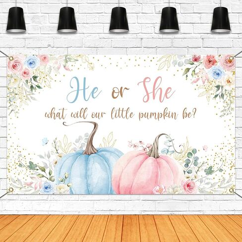 Mocsicka Pumpkin Gender Reveal Backdrop Banner Little Pumpkin He or She Gender Reveal Party Decorations Pink or Blue Party Supplies for Photography (Pink or Blue, 70.8x43.3 inch) in Saudi Arabia