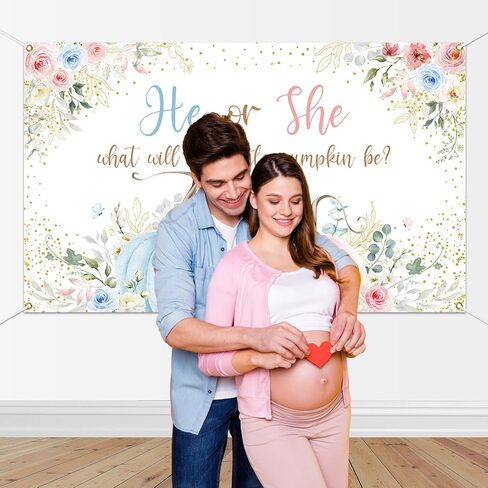 Mocsicka Pumpkin Gender Reveal Backdrop Banner Little Pumpkin He or She Gender Reveal Party Decorations Pink or Blue Party Supplies for Photography (Pink or Blue, 70.8x43.3 inch) in Saudi Arabia