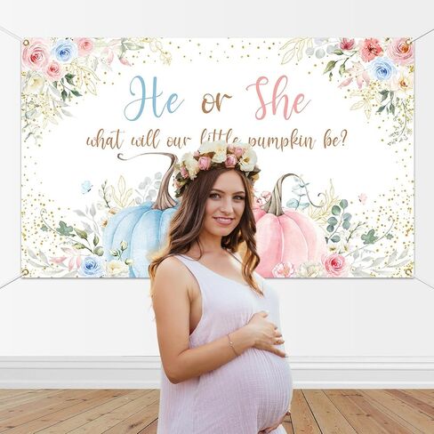 Mocsicka Pumpkin Gender Reveal Backdrop Banner Little Pumpkin He or She Gender Reveal Party Decorations Pink or Blue Party Supplies for Photography (Pink or Blue, 70.8x43.3 inch) in Saudi Arabia