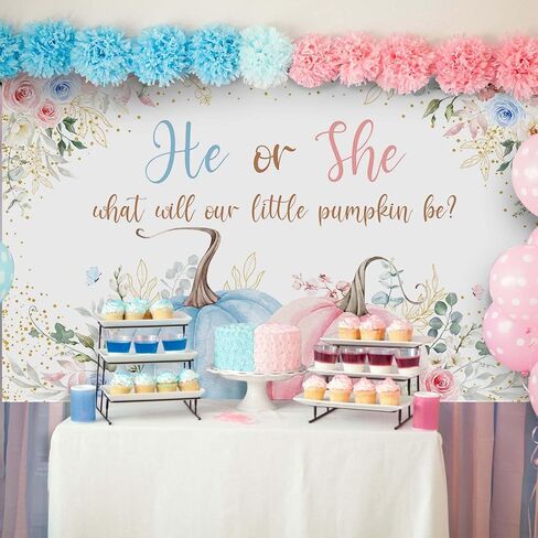 Mocsicka Pumpkin Gender Reveal Backdrop Banner Little Pumpkin He or She Gender Reveal Party Decorations Pink or Blue Party Supplies for Photography (Pink or Blue, 70.8x43.3 inch) in Saudi Arabia
