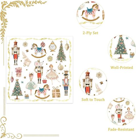 100Pcs Christmas Paper Napkins Nutcracker Disposable 2-Ply Napkins with Ballerinas, Christmas Trees, Horses Design for Bathroom, Xmas Dinners, Holiday Parties, Table Decor 6.5x6.5 Inch in Saudi Arabia
