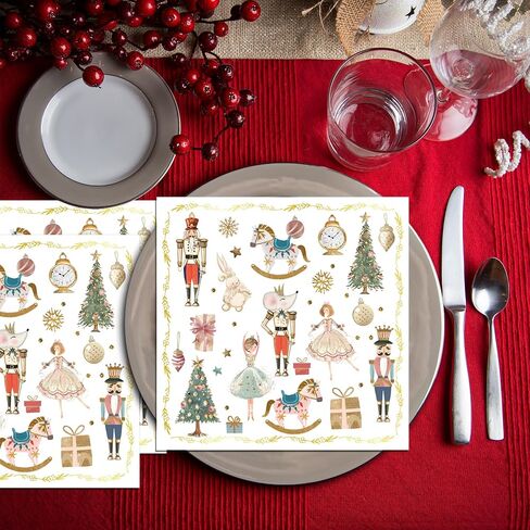 100Pcs Christmas Paper Napkins Nutcracker Disposable 2-Ply Napkins with Ballerinas, Christmas Trees, Horses Design for Bathroom, Xmas Dinners, Holiday Parties, Table Decor 6.5x6.5 Inch in Saudi Arabia