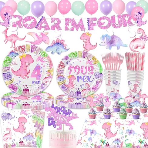 213 Pcs Dinosaur 4th Birthday Party Supplies, Girl Dino Roar I'm Four Birthday Decorations, 20 Serves Include Plates, Cups, Napkins, Tablecloth, Cake Topper, Swirls, Banner, Balloons for Girls in Kuwait