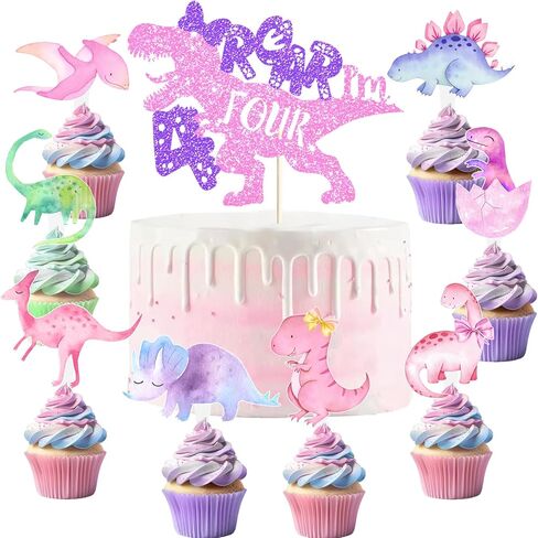 213 Pcs Dinosaur 4th Birthday Party Supplies, Girl Dino Roar I'm Four Birthday Decorations, 20 Serves Include Plates, Cups, Napkins, Tablecloth, Cake Topper, Swirls, Banner, Balloons for Girls in Kuwait